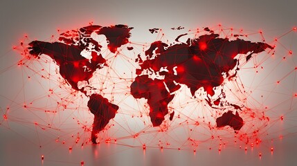 World map with red outline on dark background. Internet business.Generative AI.暗い背景に赤色の輪郭の世界地図。インターネットビジネス。Generative AI。