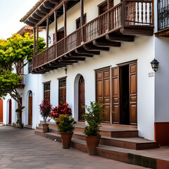 Fototapeta na wymiar Traditional house with wooden balconies at La Palma