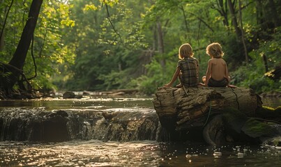 Two children play on an old tree trunk hanging out over the Eno River in Durham, North Carolina