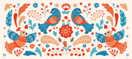 Scandinavian pattern. Folklore bird motif. Swedish or Norway vintage animal ornament. Hugge flower and summer art. Blossoms and leaves. Fantasy songbirds. Folk sparrows. Vector background