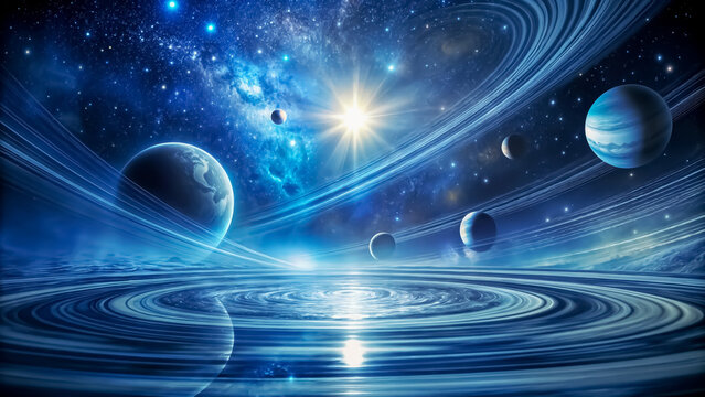 Vivid galactic spectacle: planetary alignment. Ideal for abstract  backgrounds or wallpapers, sci-fi projects, and cosmic themed decor.