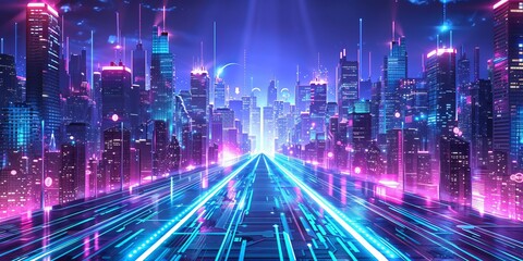 Fototapeta premium Sci-fi Cityscape with Purple and Cyan Neon lights. Night scene with Visionary Architecture.