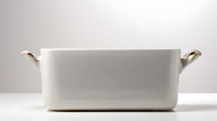 An empty white rectangular ceramic pot sits in the center of the picture.