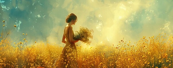 abstract portrait of woman holding bouquet of flowers in a field of yellow rapeseed