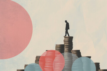 An illustration of a man walking on a pile of coins. Money and finance concept