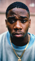 Obraz premium photo of angry black person man with tank top in neighborhood ,generative AI