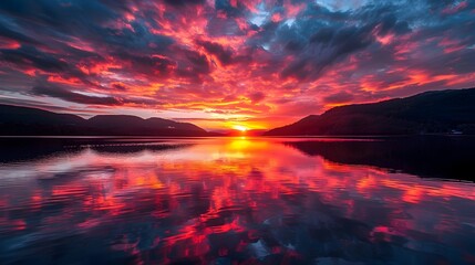 Fiery Hues of a Tranquil Lake at Sunset