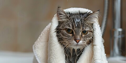 A wet gray tabby cat wrapped in a white towel looking grumpy after a bath