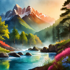 illustration d'un paysage de montagne avec forêt et rivière très coloré dans la brume