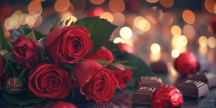 ramo de rosas rojas y chocolates regalos por el dia de san valentin y luces brillantes