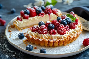 Fresh Berry Tart With Cream Filling on a White Plate