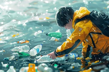 Polluted ocean illustration. Volunteer illustration. Volunteers cleaning up trash. Ecological problem. Ocean plastic trash. Volunteers collecting plastic. Photo AI Generated