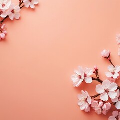 Obraz premium Beautiful cherry flowers, on a soft peach background, Sakura flowers, Flat lay, greeting cards, print, pattern for fabrics, Advertising of cosmetics or perfumes. top view, copy space
