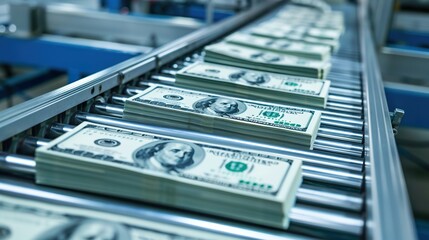 Success in business, finance, banking, accounting, inflation . Printing press of paper US dollar bills on a conveyor belt. Emission of money in the economy