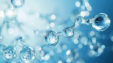 A group of oxygen transparent carbonated blue bubbles floating on a watery gel blue surface. Pure vitality cosmetic background.