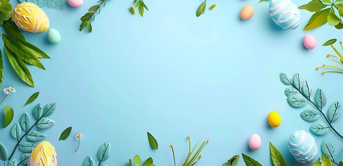 Beautiful flowers with Easter eggs on bright blue background,Copy space. Space for text,Generative AI.明るい青色の背景にイースターエッグと美しい花,コピースペース。テキスト用スペース,Generative AI。