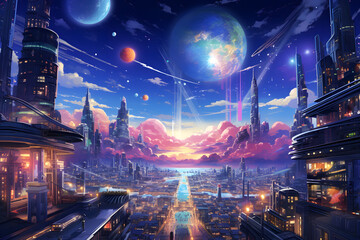 Fototapeta premium illustrated future scifi space town with beautiful colors