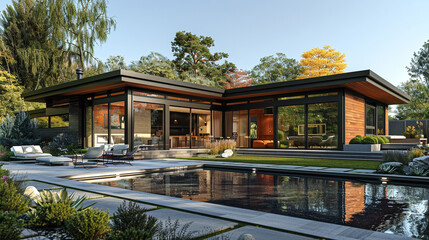 A contemporary craftsman house with a flat roof, large windows, and a minimalist exterior design.