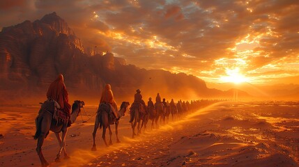 A caravan of camels trekking through a vast desert landscape at dusk.