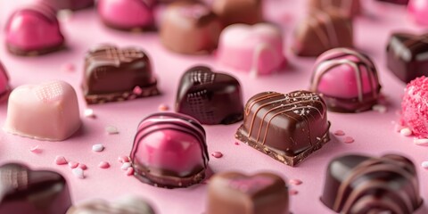 Heart Shaped Chocolates on a Pink Surface.