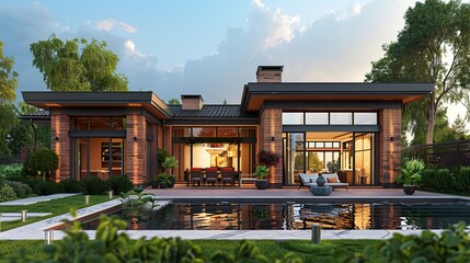 Fototapeta premium Exterior of a modern barnhouse-style cottage with panoramic windows and a swimming pool