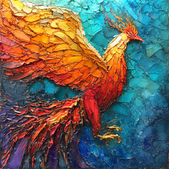 Mosaic Artwork of a Fiery Phoenix Rising


