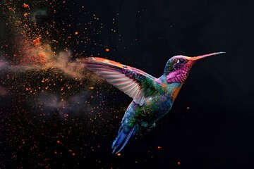 Obraz premium A hummingbird made of colorful powder flying in the air against a dark background