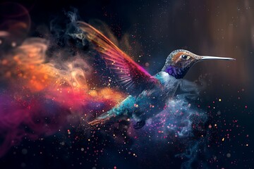 A hummingbird made of colorful powder flying in the air against a dark background - Powered by Adobe