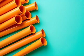 A photo of several orange plastic pipe tubes on a teal background, with a simple and minimalistic...