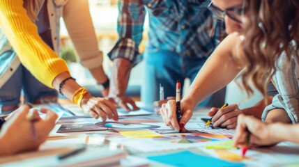 Obraz premium Energetic visuals of teamwork: colleagues strategizing, problem-solving, the synergy of minds igniting solutions and driving progress forward.