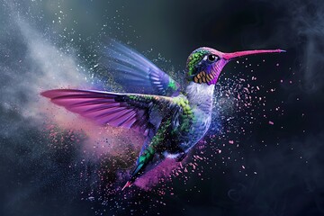 A hummingbird made of colorful powder flying in the air against a dark background - Powered by Adobe