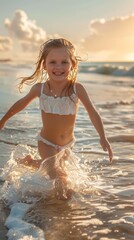 Naklejka premium Young girl running along the beach and happy in summer