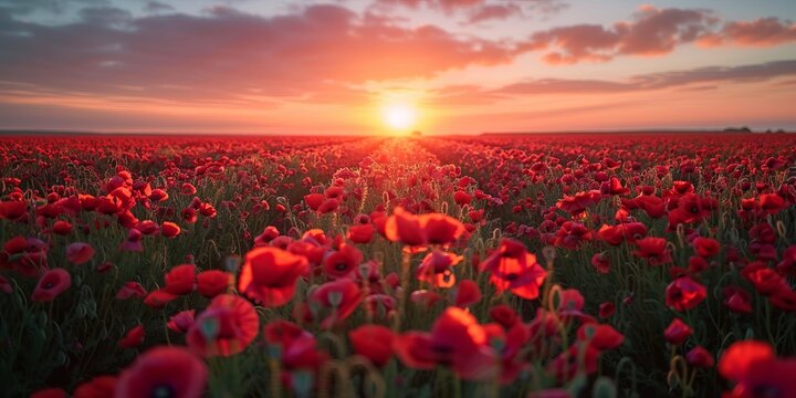 Breathtaking landscape of a poppy field at sunset with the sun dipping low on the horizon, casting a warm glow over the vibrant red flowers - Powered by Adobe