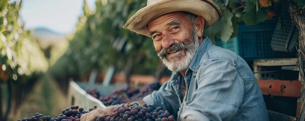 Aged male farmer pouring grapes into truck in vineyard