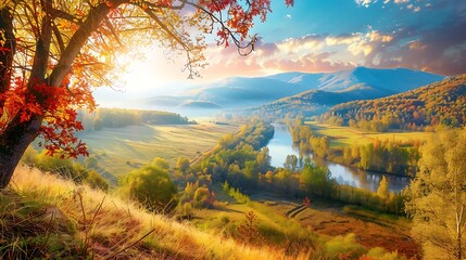 A peaceful countryside landscape with rolling hills and a winding river, framed by colorful autumn...