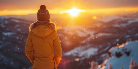 back view image of an unrecognizable woman in a yellow jacket standing and observing a sunset in a snowy mountain landscape