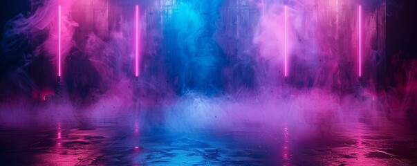 Naklejka premium The dark stage shows, empty dark blue, purple, pink background, neon light, spotlights, The asphalt floor and studio room with smoke float up the interior texture for display products
