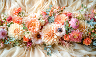 Luxurious Floral Arrangement on Elegant Satin Fabric.