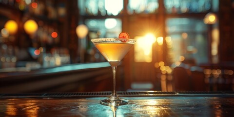 Close-up of a martini cocktail on a table in a bar