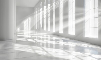 White room with diagonal white rays of sun, reflections and refractions, neutral white background