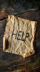 Crumpled paper with 'HELP' written on, symbolizing calls for aid in a setting of despair and urgency