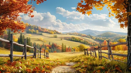 A peaceful countryside landscape with rolling hills and a rustic wooden fence, framed by colorful...
