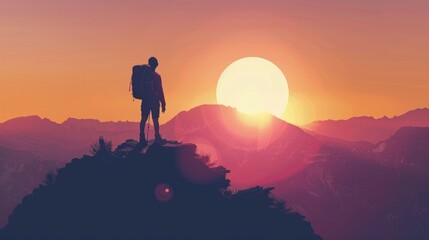 Wanderlust Concept with Hiker Enjoying Sunset on Mountain Peak