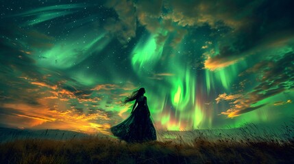 A fairy painting streaks of aurora in the sky, each brushstroke restoring youth to the landscape below.