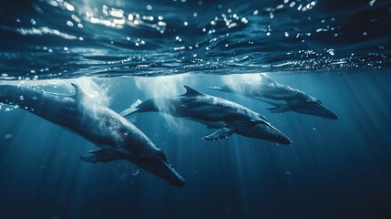 Fototapeta premium A group of whales gliding under the ocean, their long lifespans a majestic testament to natural endurance.
