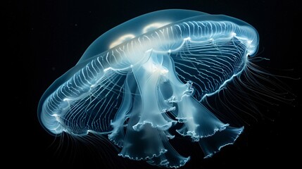 A jellyfish floating gracefully under deep sea light, its glow representing enduring life and mystery.
