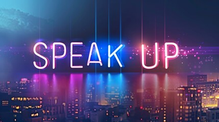 Bright neon 'SPEAK UP!' sign against a city background at night, illuminating the need for action against domestic violence.