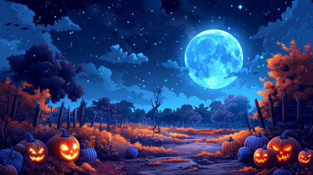 A full moon illuminating a pumpkin patch on halloween night, graphic illustration style