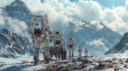 A group of astronauts exploring the surface of a distant planet with advanced rover vehicles. 