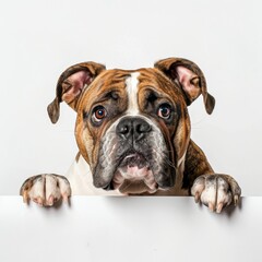 Bulldog look into the camera over a white banner,